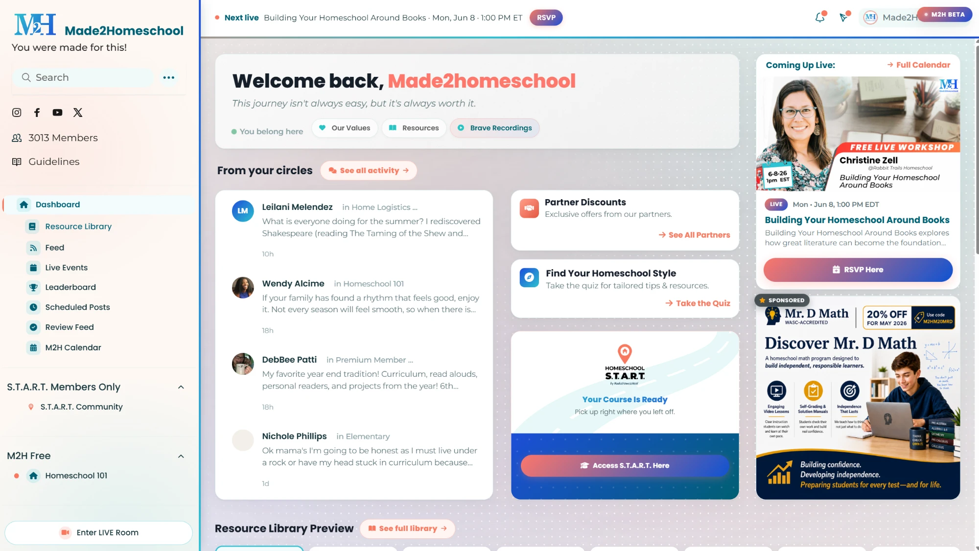 The Made2Homeschool member dashboard